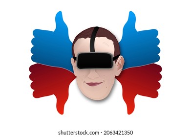 OCTOBER 16 2021: Facebook CEO Mark Zuckerberg's head in the Metaverse wearing Oculus Rift VR goggles (Illustrated)