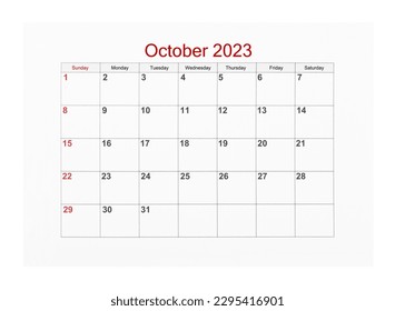 October 2023 Calendar page for 2023 year isolated on white background, Save clipping path. - Powered by Shutterstock