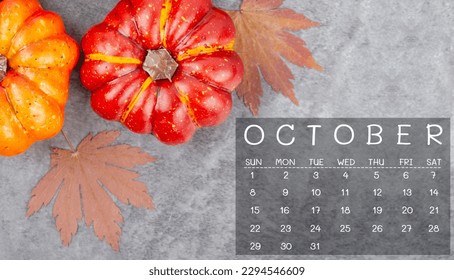 October 2023 Calendar and pumpkins with autuma leaf on old wood background. - Powered by Shutterstock