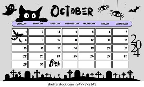 October 2024 calendar halloween concept. Spooky season concept with black cat, ghosts, graveyard, bats and spiders. Black, white and purple theme. Week starts on sunday.  - Powered by Shutterstock