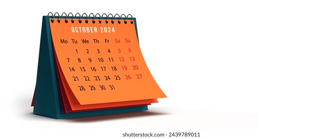 October 2024 orange coloured monthly spiral desk calendar. 3D rendered horizontal page on white background, copy space. Set of 12 month layouts. Week starts with Monday. Weekends in red. - Powered by Shutterstock