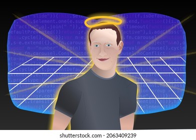 OCTOBER 26 2021: Illustration of Facebook Founder Mark Zuckerberg announcing Meta Verse VR Project with Oculus Headset. Hand-drawn metaverse illustrated cartoon with virtual reality goggles.