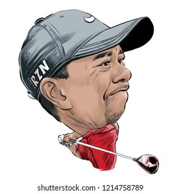 October 28, 2018 Caricature of Tiger Woods, Eldrick Tont “Tiger” Woods an American  professional golfers.