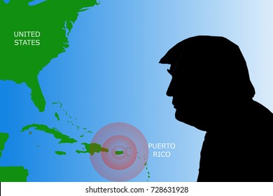 OCTOBER 6, 2017 - An illustration showing the shadow of US President Donald Trump over the Atlantic Ocean and the Caribbean with highlight on Puerto Rico.