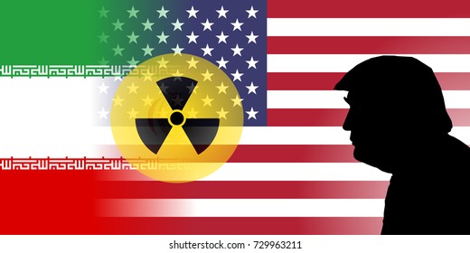 OCTOBER 8, 2017 - An illustration showing the flags of the United States and Iran with nuclear symbol and the silhouette of US President Donald Trump.
