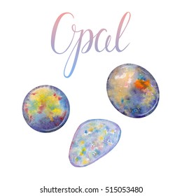October birthstone Opal isolated on white background. Realistic illustration of gems drawn by hand with watercolor