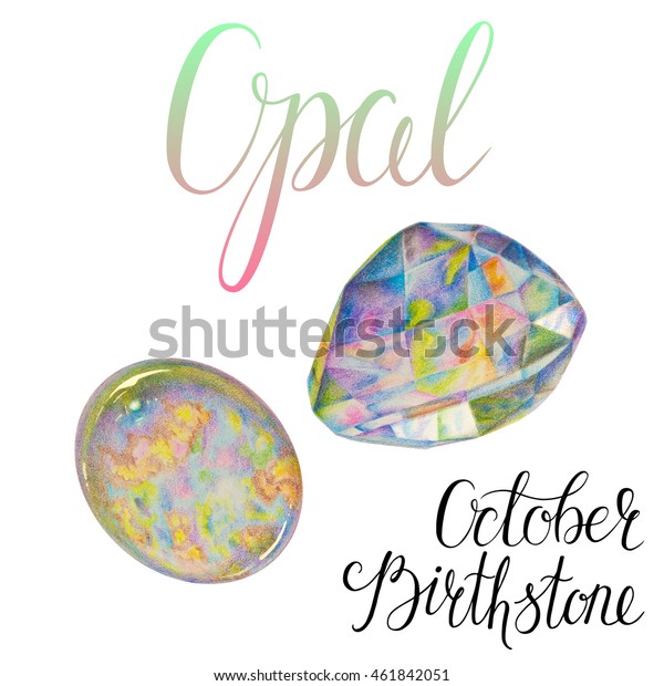 白い背景に10月の誕生石のオパール 色鉛筆で手描きの宝石の写実的なイラスト のイラスト素材