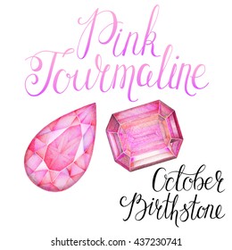 October birthstone Pink Tourmaline isolated on white background. Close up illustration of gems drawn by hand with colored pencils. Realistic faceted stones.