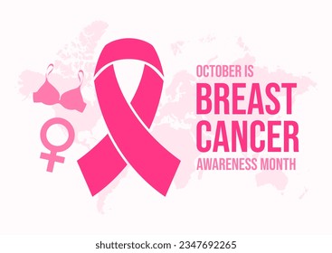 October is Breast Cancer Awareness Month illustration. Pink cancer awareness ribbon, female symbol, bra icon set. Important day - Powered by Shutterstock