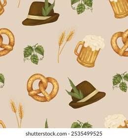 October fest hand draw seamless pattern, autumn beer festival, lager beer glass, german hat, traditional brezel, green hops, wheat. Beige background - Powered by Shutterstock