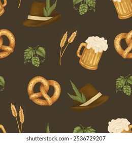 October fest hand draw seamless pattern, autumn beer festival, lager beer glass, german hat, traditional brezel, green hops, wheat. Dark background - Powered by Shutterstock