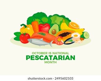 October is National Pescatarian Month poster illustration. Fish, seafood, fruits and vegetables illustration. Pile of healthy fresh food drawing. Template for background, banner, card - Powered by Shutterstock