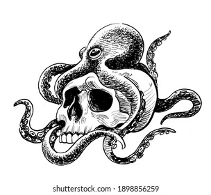 Octopus nd human skull. Ink black and white drawing