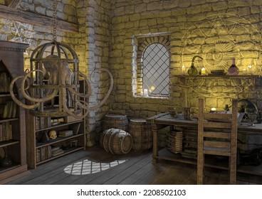 Octopus On Alchemy Lab Background Scene Two, 3d Illustration