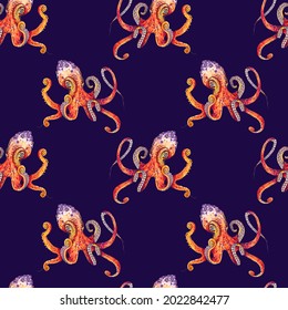 Octopus On Dark Blue Seamless Pattern