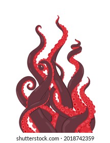 Octopus. Red Octopus Tentacles Reaching Upwards.  Illustration Of Kraken Or Squid. Cartoon Underwater Marine Animal