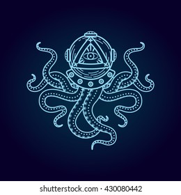 Octopus In Retro Deep Diving Suit. Eye Of Providence. It Can Be Used In Printing Design. Line Style Illustration