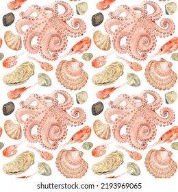 Octopus, Sea Scallops, Shrimps, Oysters, Shellfish Isolated On White Background. Seafood. Seamless Pattern. Hand Drawn Watercolor Drawing Illustration. For Wrapping, Wallpaper, Fabric Texture.