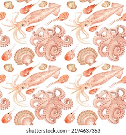 Octopus, Squid, Sea Scallops, Shrimps, Shellfish Isolated On White Background. Seafood. Seamless Pattern. Hand Drawn Watercolor Drawing Illustration. For Wrapping, Wallpaper, Fabric Texture.