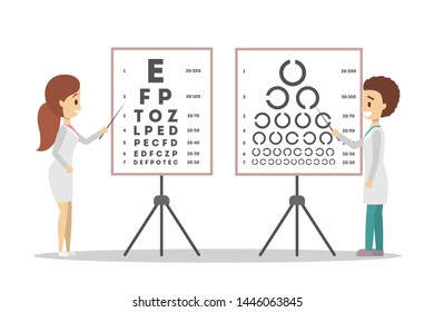 Oculist African American Doctor Couple Pointing At Letter On Board. Checking Eyesight And Vision Examination. Medical Treatment Concept. Isolated Flat  Illustration