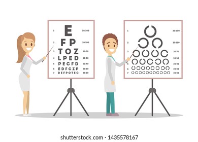 Oculist Doctor Couple Pointing At Letter On Board. Checking Eyesight And Vision Examination. Medical Treatment Concept. Isolated Flat Illustration