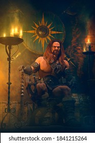 Odin with the ax sitting on an ancient viking throne in a medieval house with smoke and candles - concept art - 3D rendering 