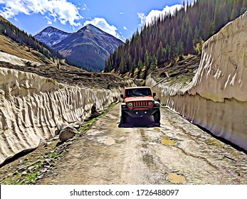 Off Road Driving In A Cut Through Snow Avalanche Near Silverton Ouray Colorado