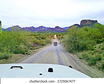 Off Road Driving On Dirt Road Following Another Off Road Vehicle In Superstition Mountains Near Phoenix Arizona While Roaming Around