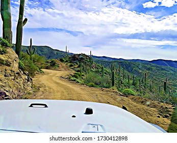 Off Road Vehicle Driving Along Edge Of Dirt Back Road In Superstition Mountains Near Phoenix Arizona