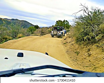 Off Road Vehicle Following Another Off Road Vehicle Along Bumpy Dirt Back Road In Superstition Mountains Near Phoenix Arizona