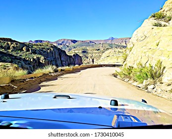 Off Road Vehicle On Dirt Back Road Driving Around Superstition Mountains Near Phoenix Arizona