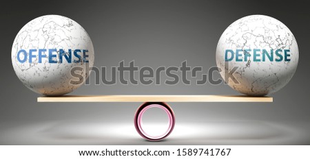 Offense and defense in balance - pictured as balanced balls on scale that symbolize harmony and equity between Offense and defense that is good and beneficial., 3d illustration ストックフォト © 