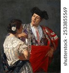 Offering the panel to the bullfighter (1873) painting in high resolution by Mary Cassatt. Vintage bullfighter and woman drawing, old painting, bullfighter art print. Vintage artwork by Mary Cassatt.