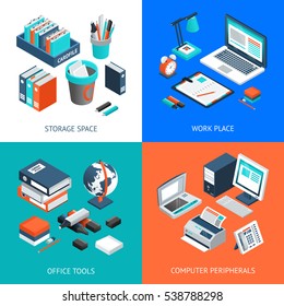 Office 2x2 isometric design concept set with storage space work place office tools and computer peripherals on colorful backgrounds isolated  illustration 