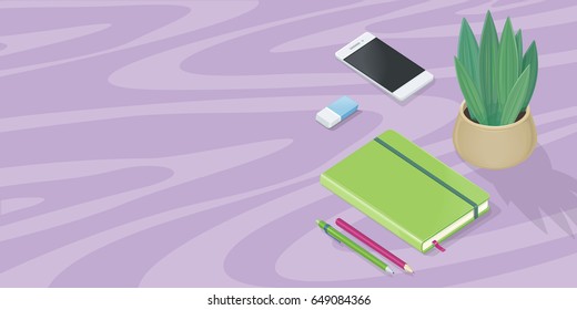 Office accessory set. Top view of desk with mobile phone, two pencils, plant in pot and note book. Personal business accessories. Flat design concept of creative office workplace. illustration
