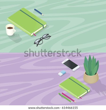 Office accessory set. Top view of desk with mobile phone, glasses, cup of coffee, plant, flash drive. Personal accessories. Flat design concept of creative office workplace. illustration