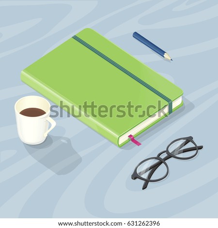 Office accessory set. Top view of desk with note book, glasses, pen and cup of coffee. Personal accessories of businessman. Flat design modern concept of creative office workplace. illustration