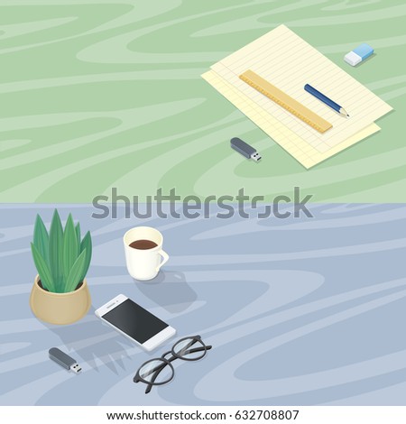 Office accessory set. Top view of desk with mobile phone, glasses, cup of coffee, plant, flash drive. Personal accessories. Flat design concept of creative office workplace. illustration