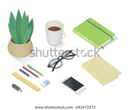 Office accessory set. Top view of desk with mobile phone, pencils, pens, plant in pot, note book, glasses, cup of tea or coffee, sheets of paper. Personal accessories in flat design.