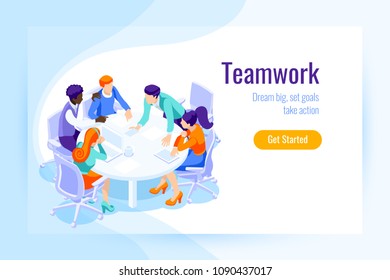 Office Achieve Goal, Male Display Office Landing Page. Office Situations For Web Banner, Infographics, Hero Images. Flat Isometric Illustration Isolated On Generic Background.