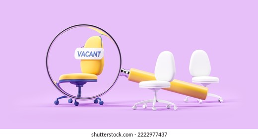 Office armchair with vacant signboard, magnifying glass zoom in among other chairs. Concept of job search and vacancy. 3D rendering - Powered by Shutterstock