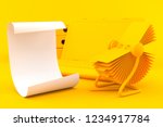 Office background with sheet of paper in orange color. 3d illustration