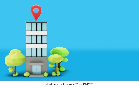 Office Building With Map Pin Pointer On Gradient Background. 3d Rendering Image Of Low Poly Objects.