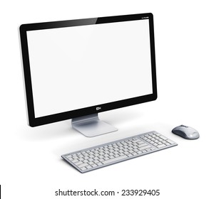 Office Business Technology Communication Internet Concept: Modern Professional Desktop Computer PC Workstation With Blank Screen Or Empty Monitor, Keyboard And Mouse Isolated On White Background