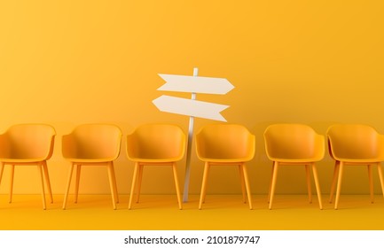 Office Chair With Blank Direction Sign Post Arrow. Career Change And Development Concept. 3D Rendering