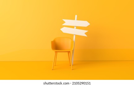 Office Chair With Blank Direction Sign Post Arrow. Career Change And Development Concept. 3D Rendering