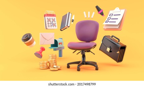 Office Chair Surrounded By Businessman Bag, Checklist, Notebook, Email Box, Money, Calendar, Stamp And Coffee On Orange Background. Lifestyle Business Ideas For Illustrators.-3d Rendering.
