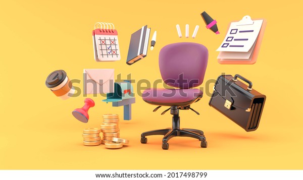 Office chair surrounded by Businessman bag,\
checklist, notebook, email box, money, calendar, stamp and coffee\
on orange background. lifestyle business ideas for illustrators.-3d\
rendering.\
