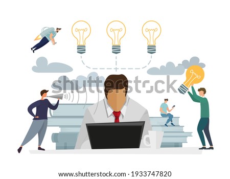 Office Characters Workers Working Computers with Laptop. Team Work Organization Concept. Market analytics. Finance prediction, trends forecast, business strategy analytics flat illustration