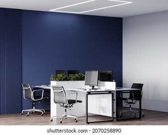 Office Company In White And Blue Tones. Open Space For A Call Center, Workshop Or Coworking Space. Computer Class With Ergonomic Arrangement Of Work Areas. Comfortable Chairs For Job. 3d Rendering